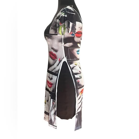 Vtg Y2K Semi Sheer Mesh Pop Art Disco Mini Dress Face Print Retro Punk Coverup - Picture 2 of 5